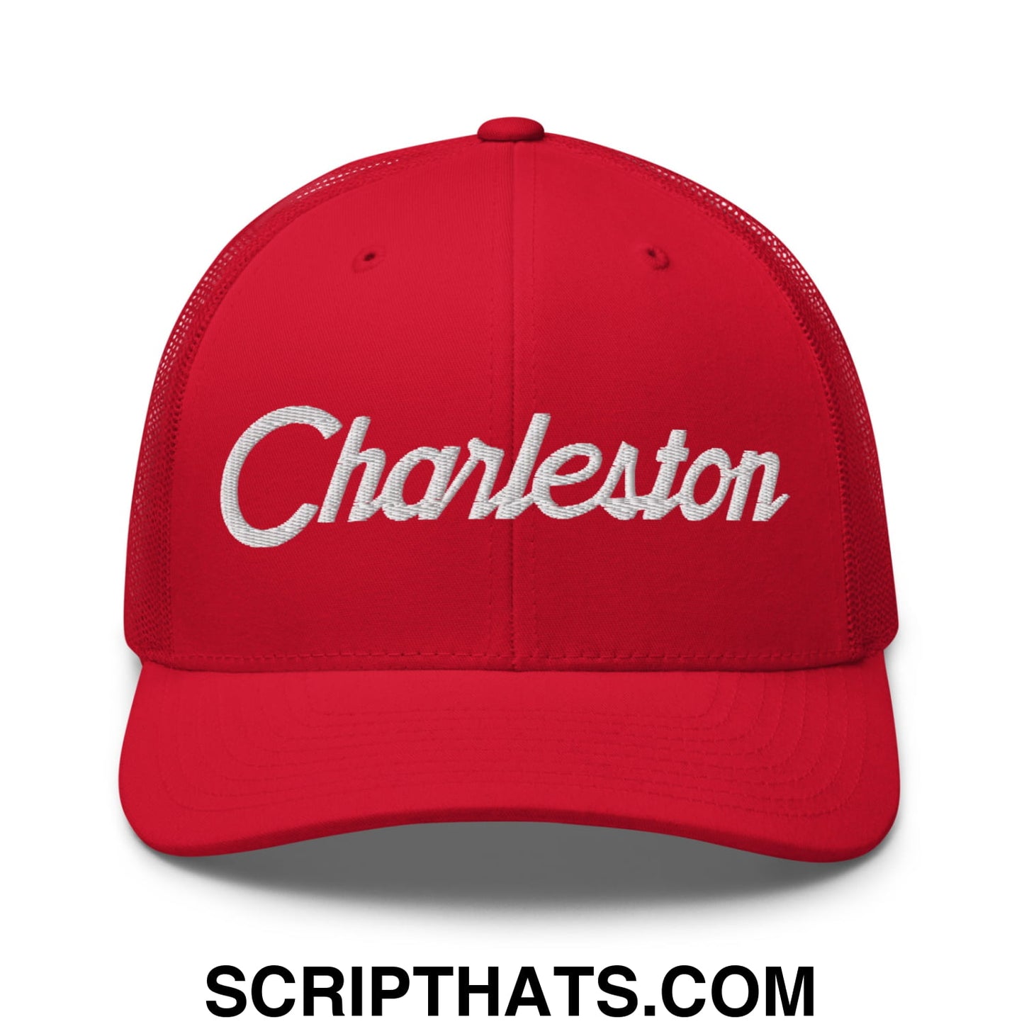 Charleston Vintage Sports Script Embroidered Mesh Trucker Hat Red