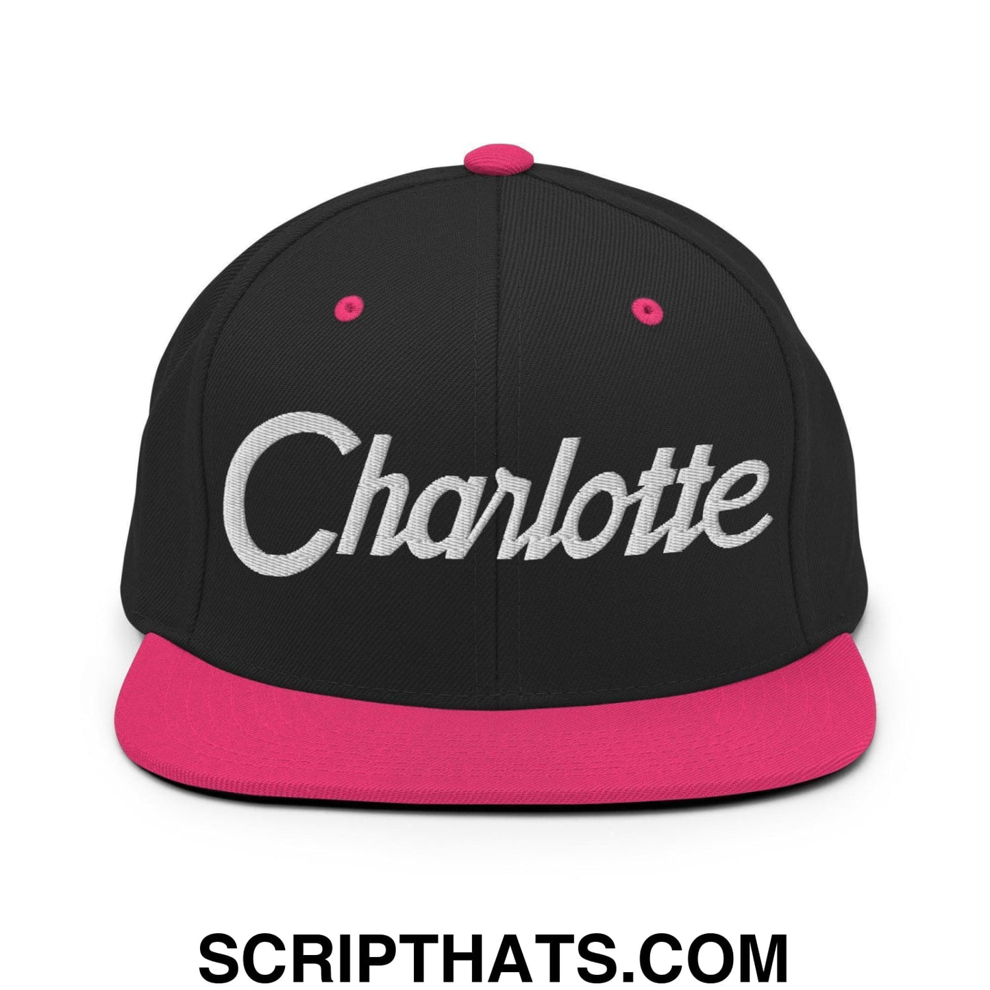 Charlotte Script Snapback Hat Black Neon Pink