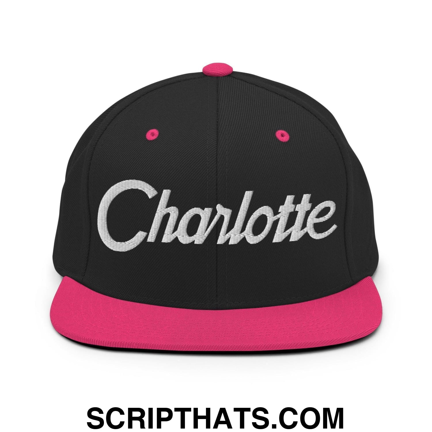 Charlotte Script Snapback Hat Black Neon Pink