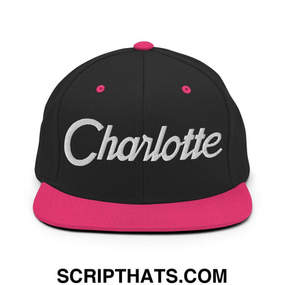 Charlotte Script Snapback Hat Black Neon Pink