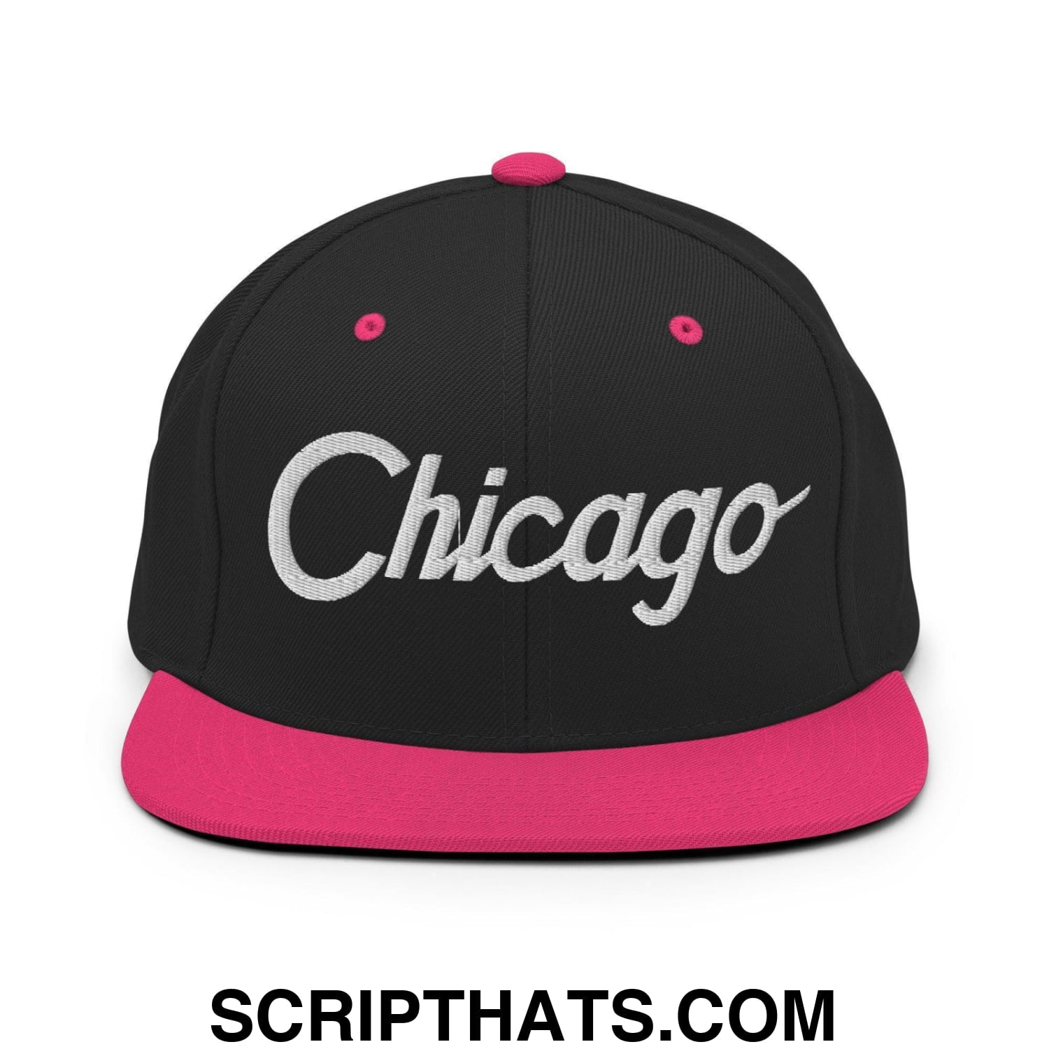 Chicago Script Snapback Hat Black Neon Pink