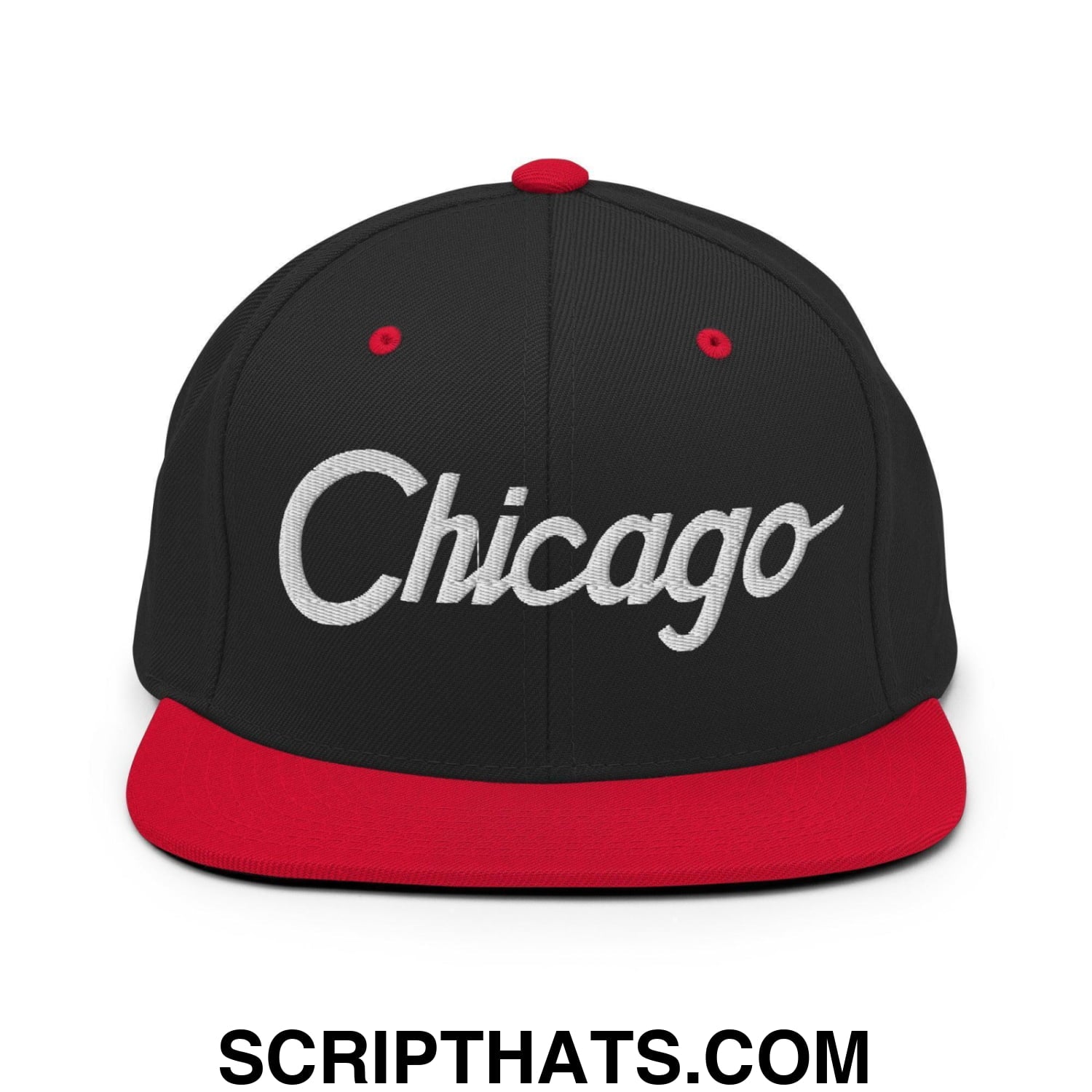 Chicago Script Snapback Hat Black Red