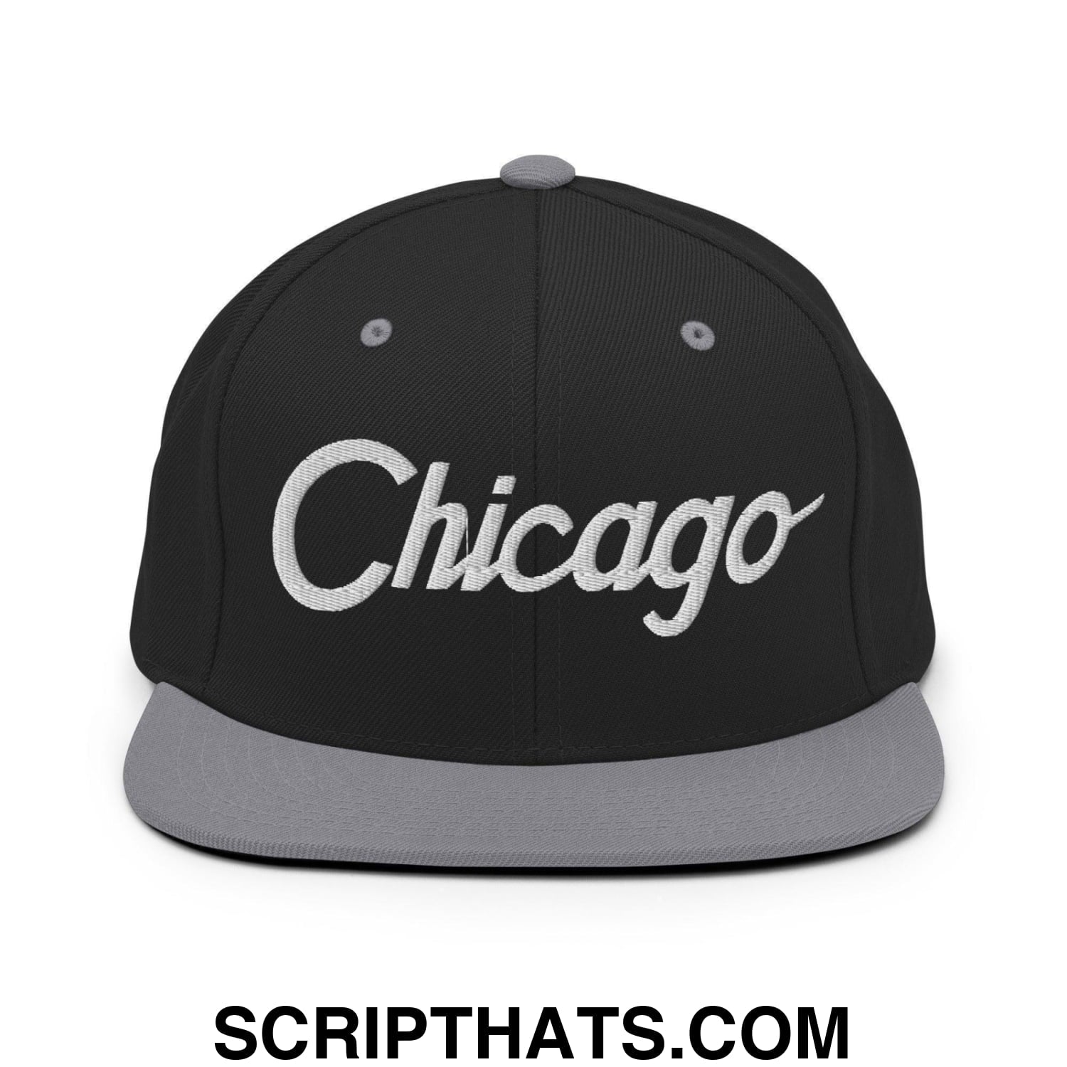Chicago Script Snapback Hat Black Silver