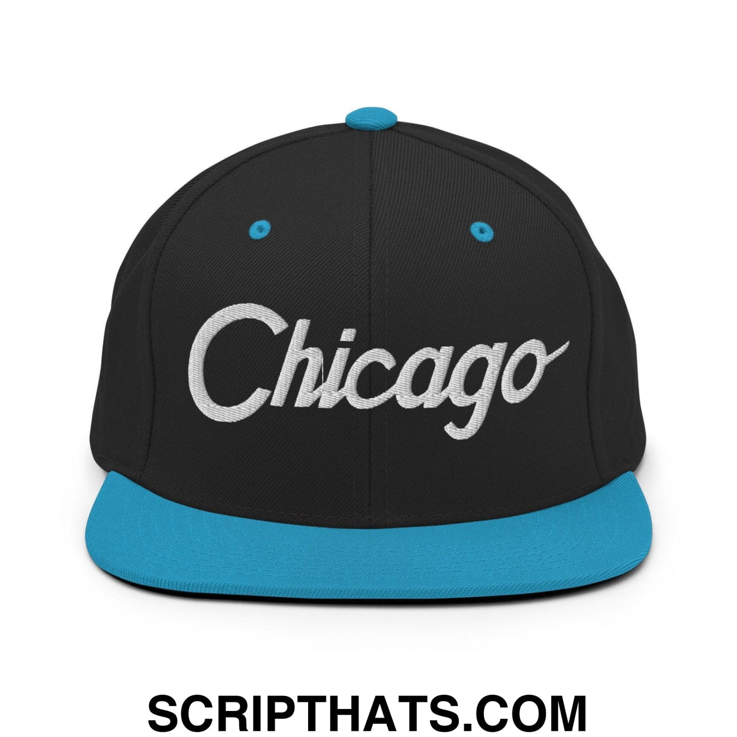 Chicago Script Snapback Hat Black Teal