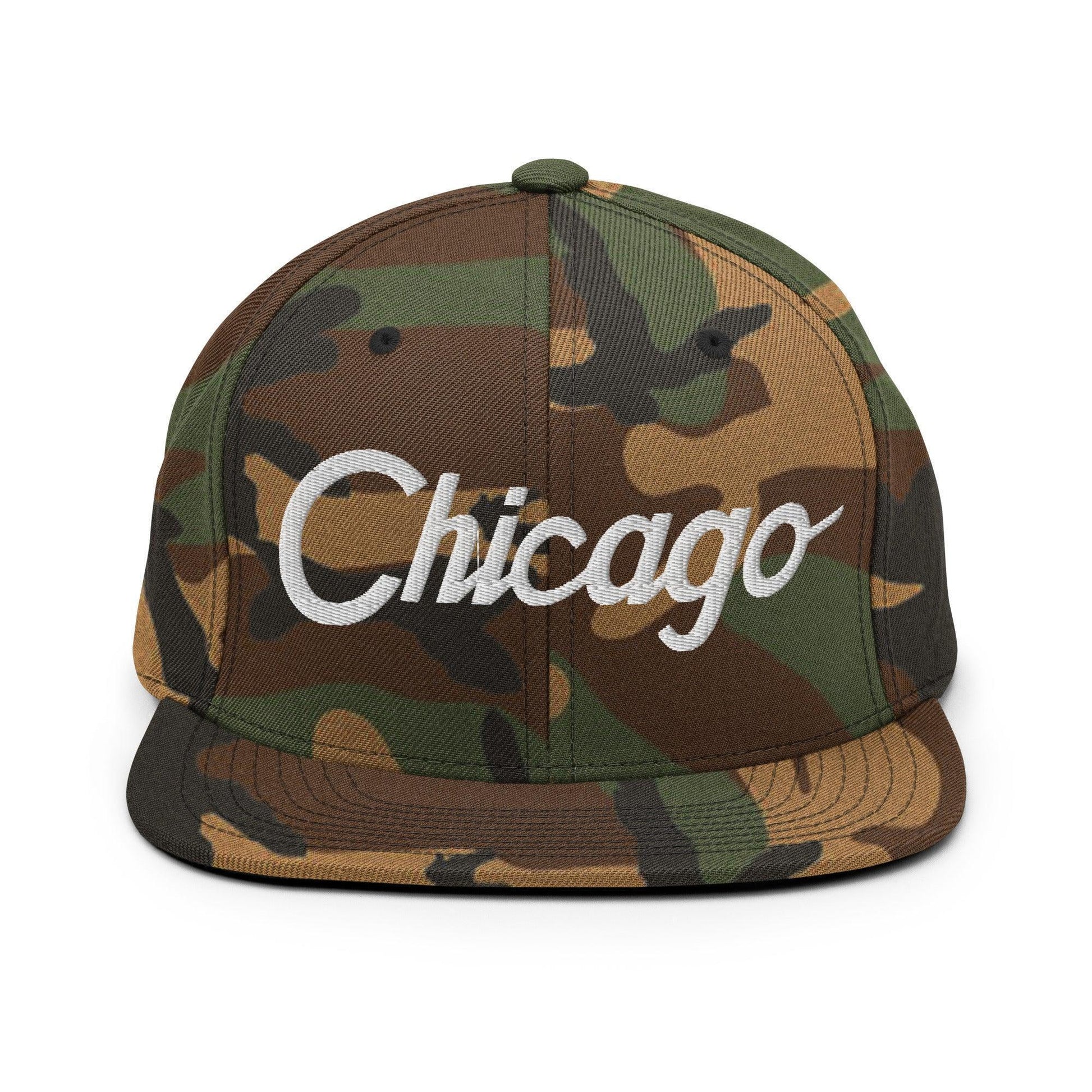 Chicago Script Snapback Hat Green Camo