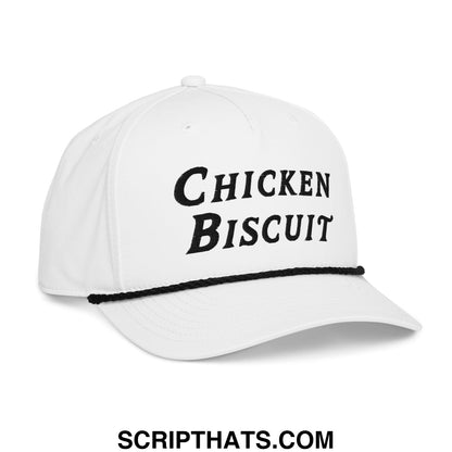 White baseball cap with black embroidered chicken biscuit text and matching black brim trim for golf use