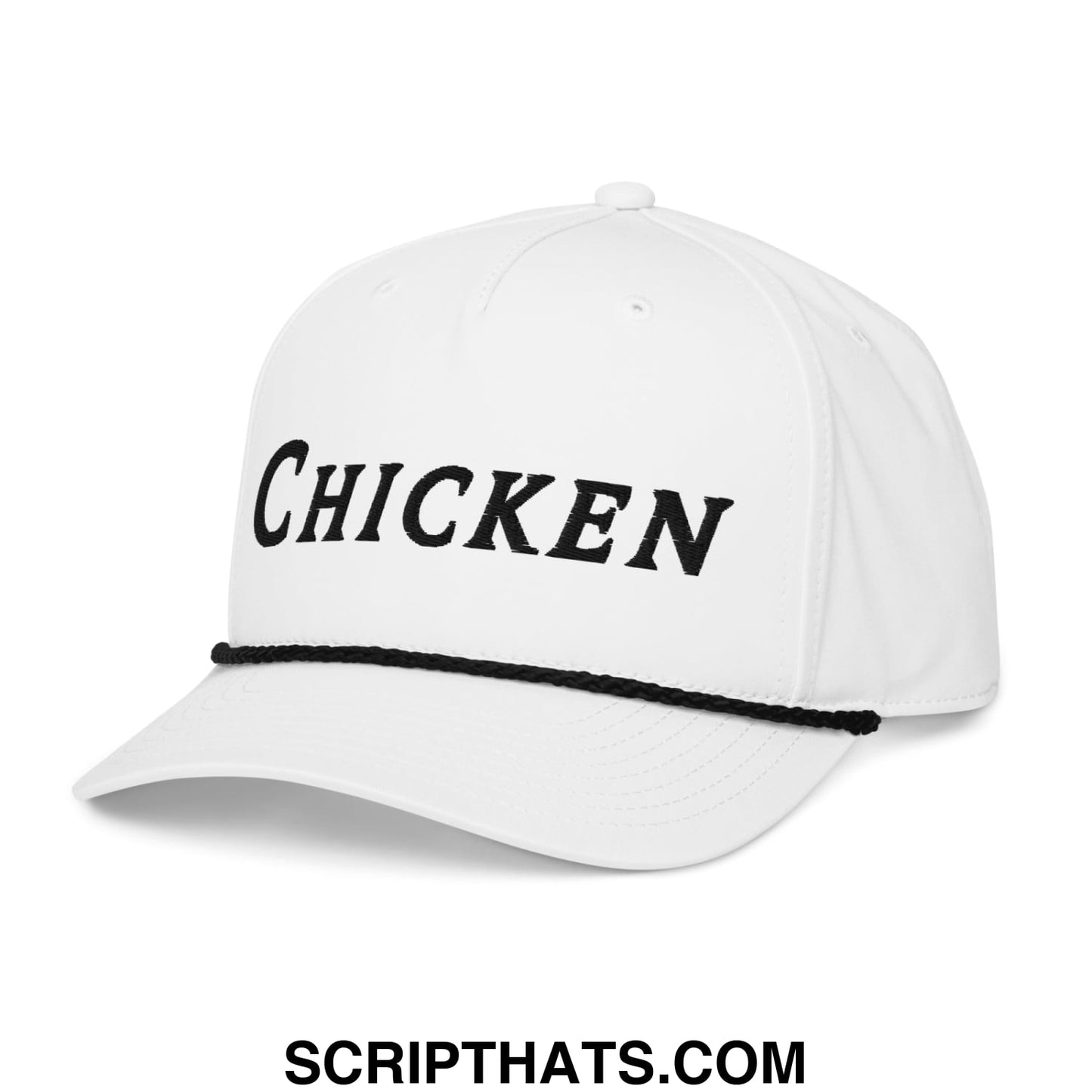 White chicken embroidered golf rope hat with black stitched brim and embroidered lettering on a cotton baseball cap
