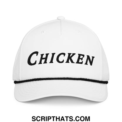 White baseball cap with black embroidered chicken lettering and matching black brim trim for golf use