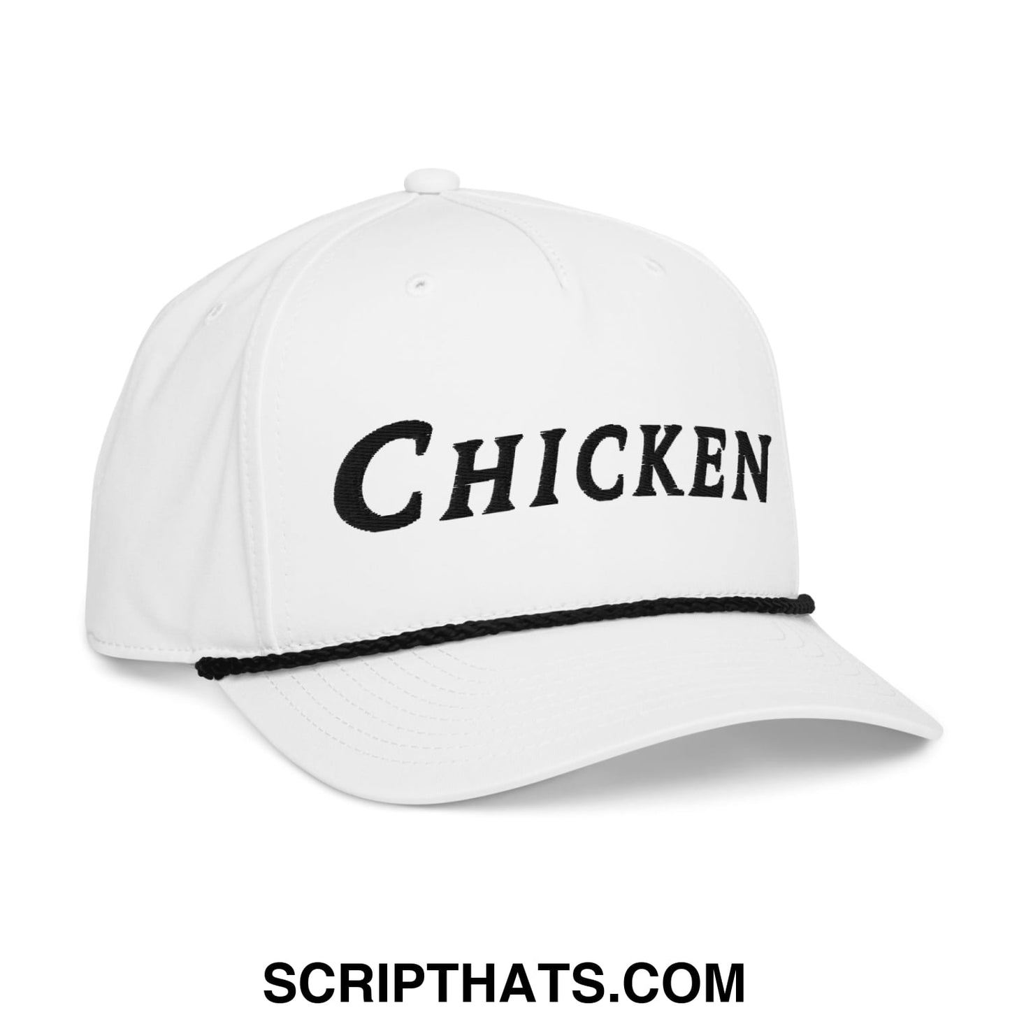 White baseball cap with black embroidered chicken lettering and matching black stitched trim along the brim