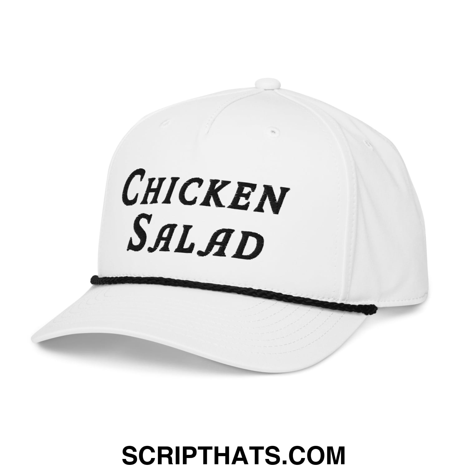 White baseball cap with black embroidered chicken salad text and matching black brim trim for golf use