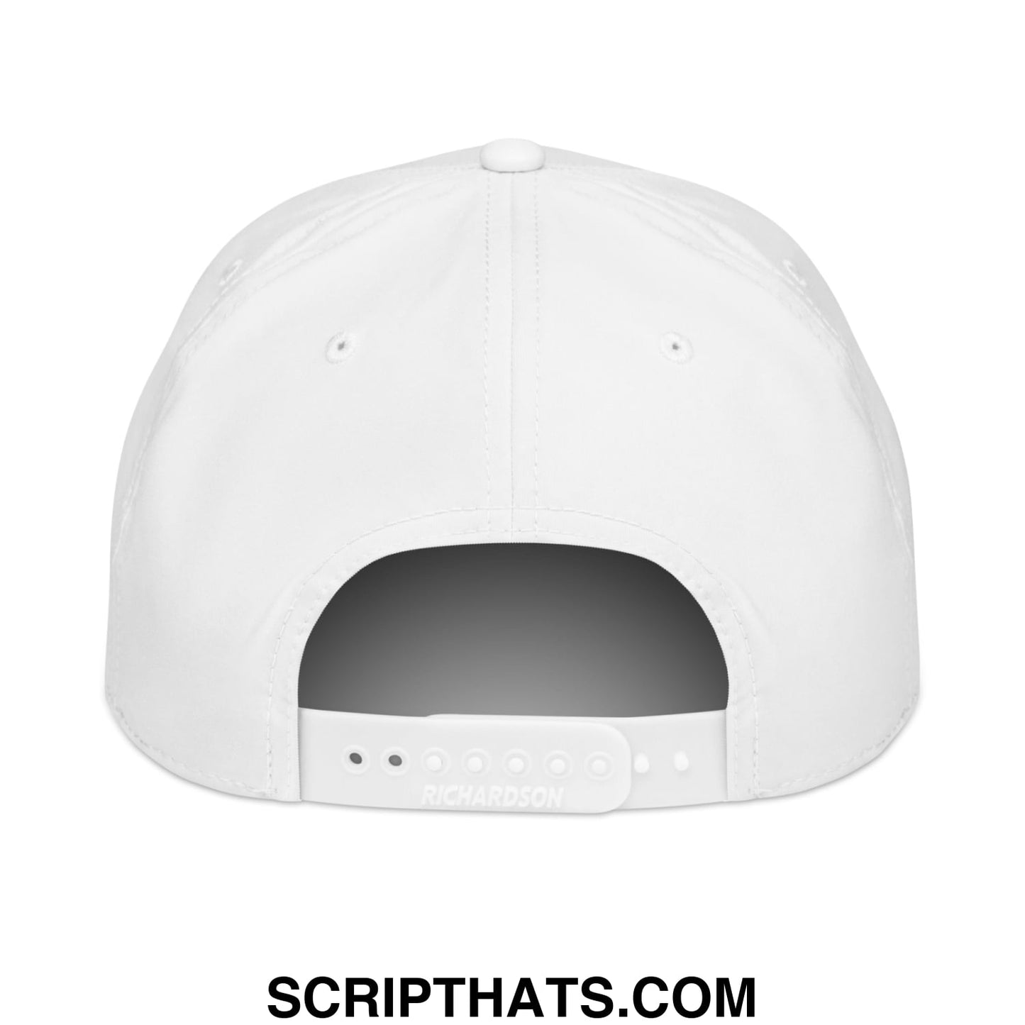 White snapback chicken salad embroidered golf rope hat with clean minimalist design and adjustable strap seen from back