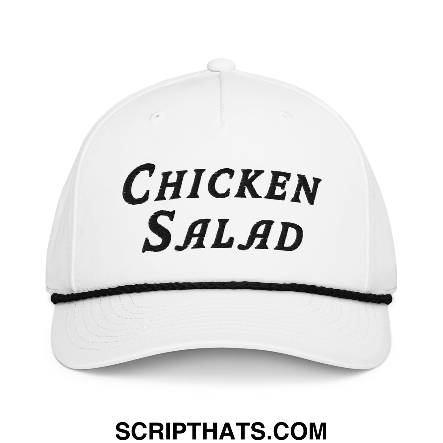 White baseball cap with black embroidered chicken salad text and matching black stitched brim golf rope hat