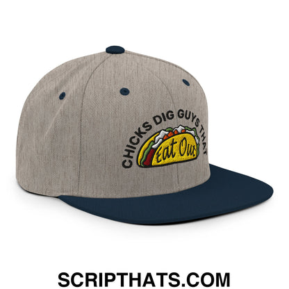 Chicks Dig Guys That Eat Out Embroidered Flat Bill Brim Snapback Hat Heather Grey Navy