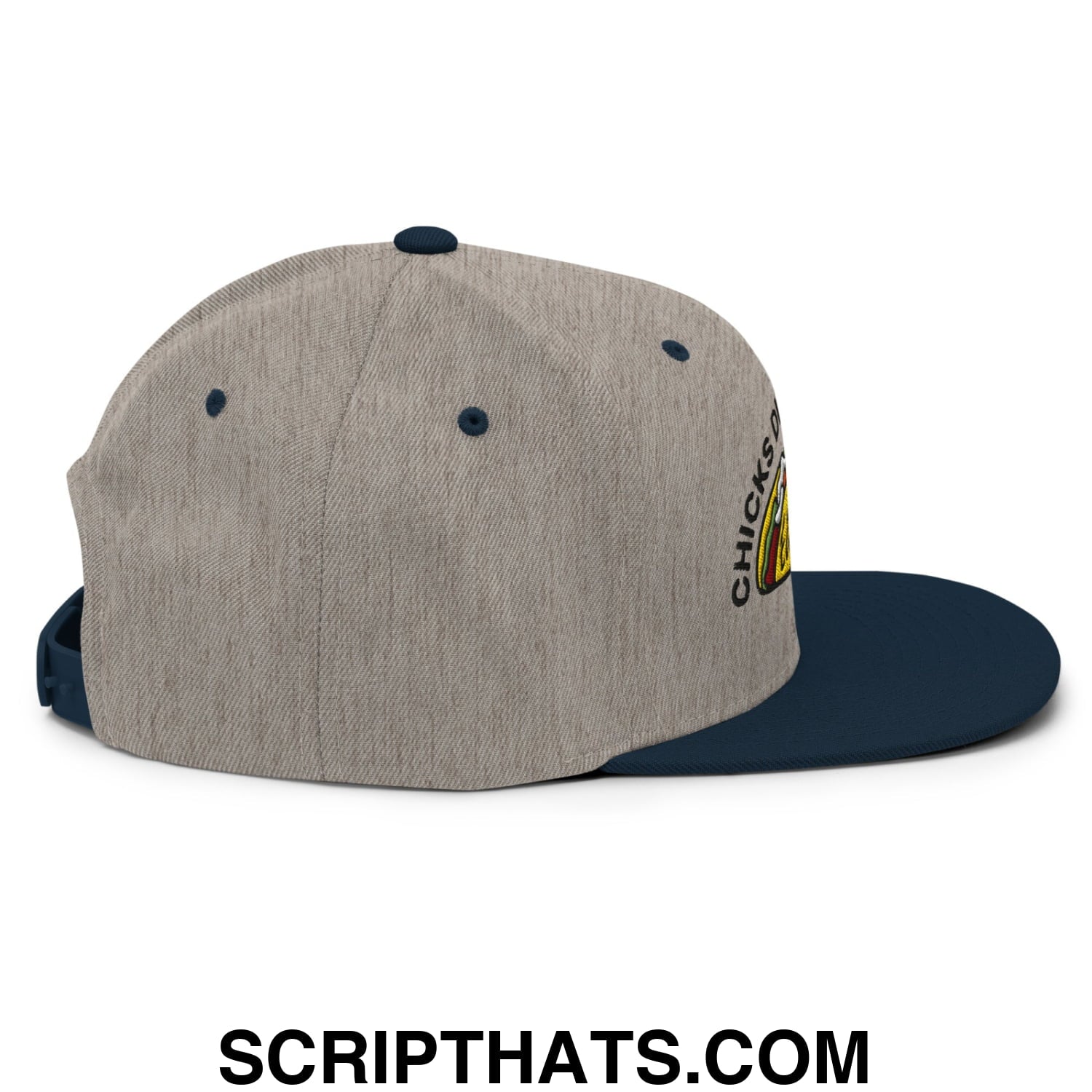 Chicks Dig Guys That Eat Out Embroidered Flat Bill Brim Snapback Hat Heather Grey Navy