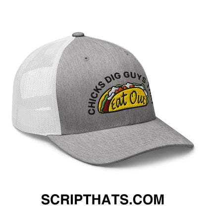 Chicks Dig Guys That Eat Out Embroidered Mesh Trucker Hat Heather Grey White