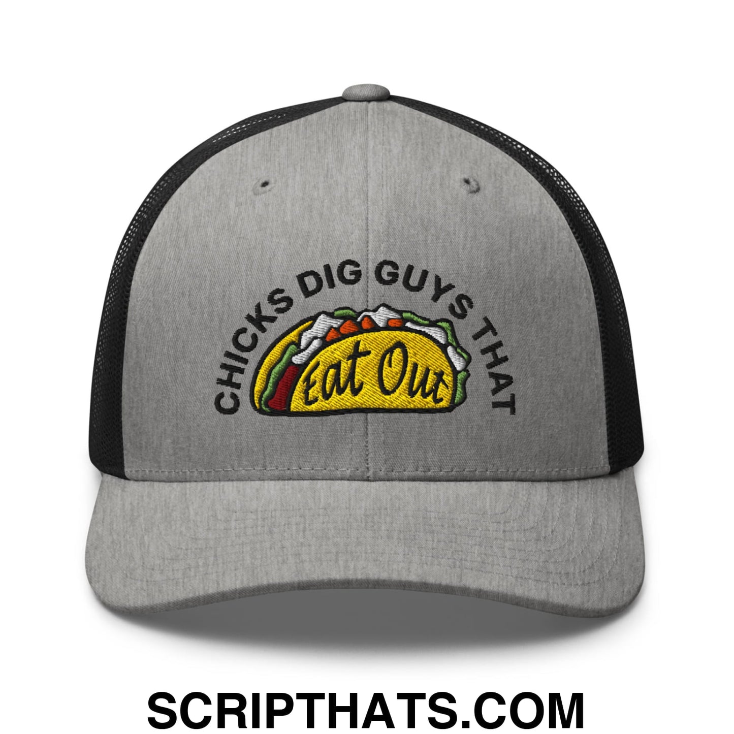 Chicks Dig Guys That Eat Out Embroidered Mesh Trucker Hat Heather Black
