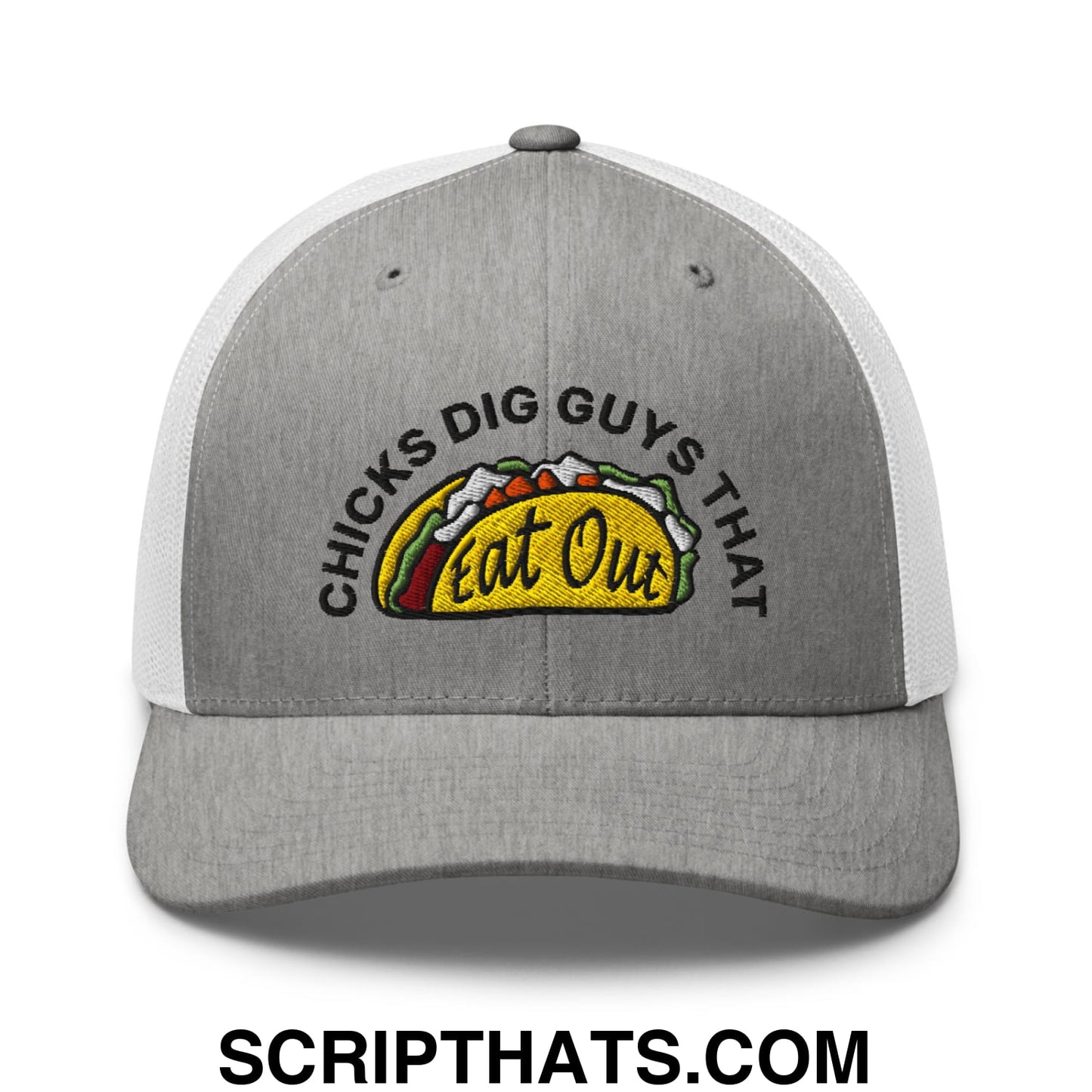Chicks Dig Guys That Eat Out Embroidered Mesh Trucker Hat Heather Grey White