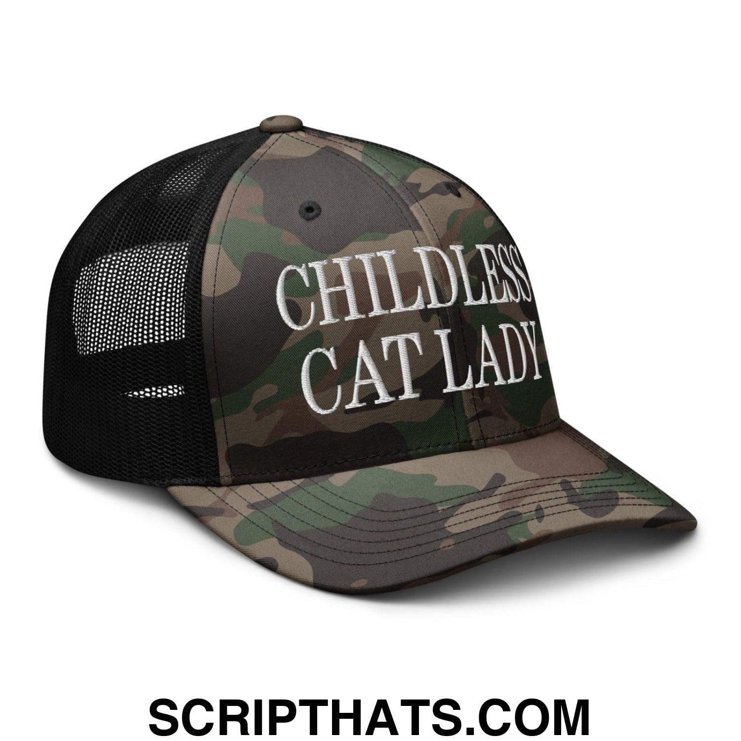 Childless Cat Lady Camo Trucker Hat Camo Black