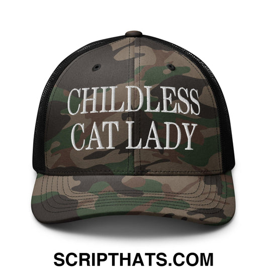 Childless Cat Lady Camo Trucker Hat Camo Black