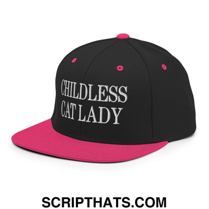 Childless Cat Lady Flat Bill Brim Snapback Hat Black Neon Pink