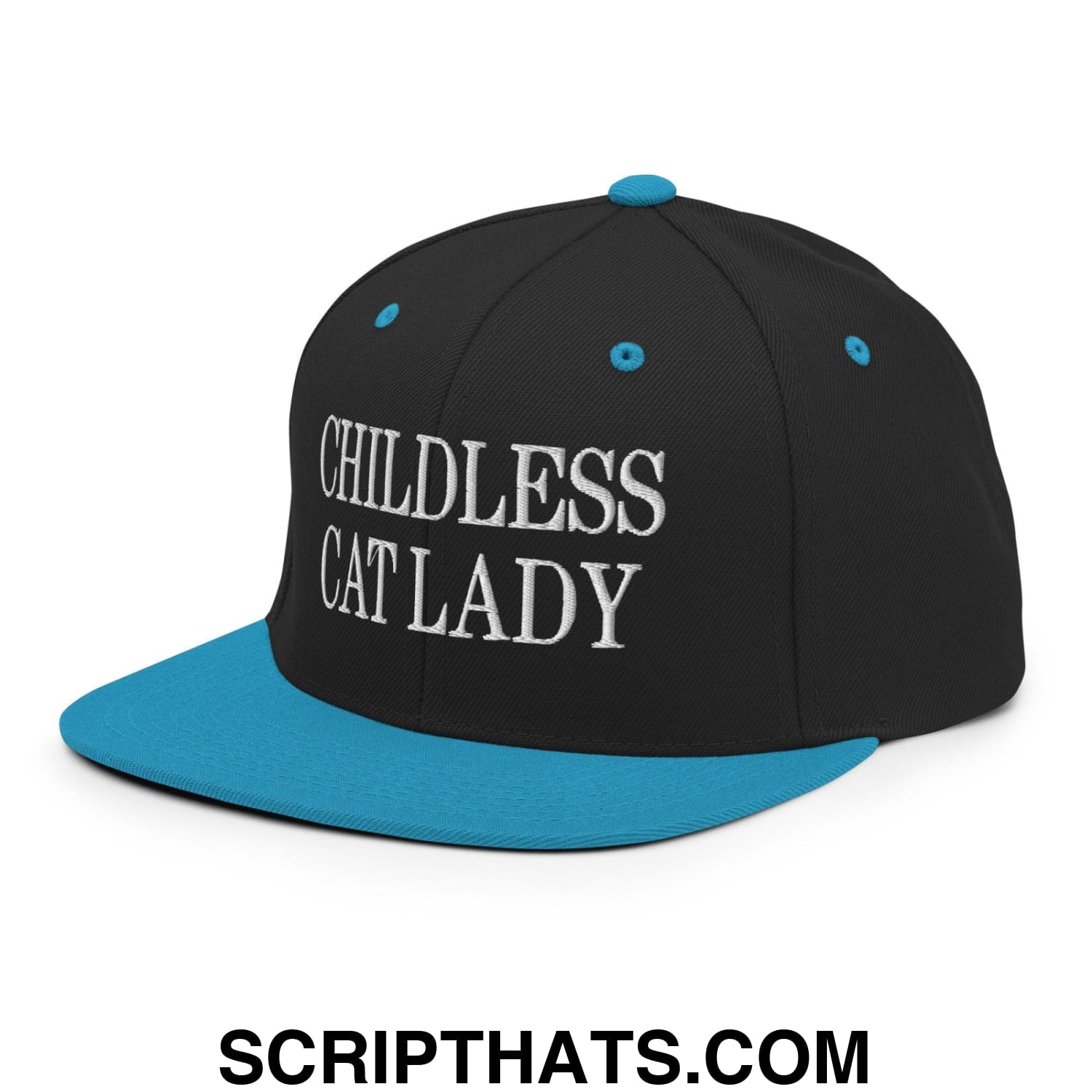 Childless Cat Lady Flat Bill Brim Snapback Hat Black Teal