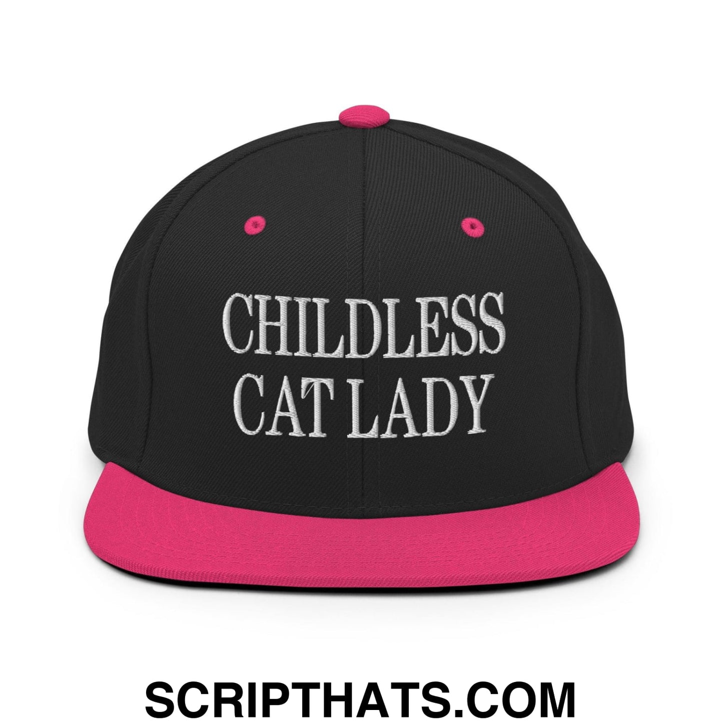 Childless Cat Lady Flat Bill Brim Snapback Hat Black Neon Pink
