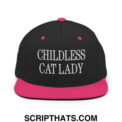 Childless Cat Lady Flat Bill Brim Snapback Hat Black Neon Pink