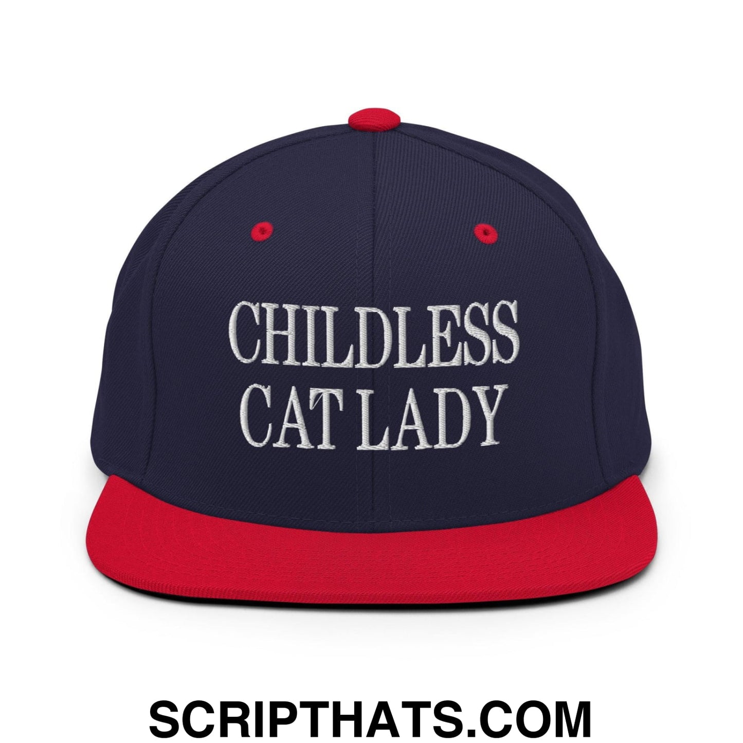 Childless Cat Lady Flat Bill Brim Snapback Hat Navy Red