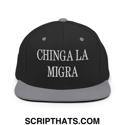 Chinga La Migra Embroidered Flat Bill Brim Snapback Hat Black Silver