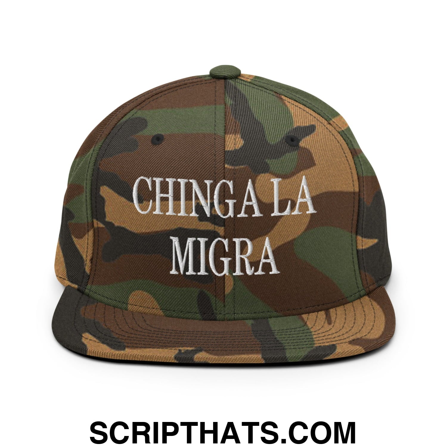 Chinga La Migra Embroidered Flat Bill Brim Snapback Hat Green Camo