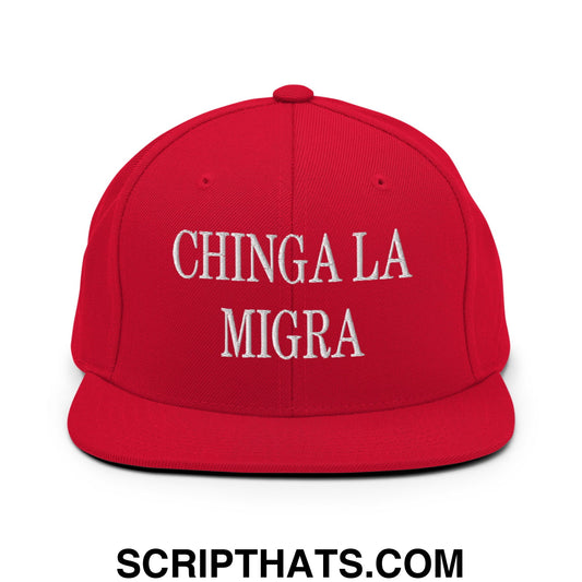 Chinga La Migra Embroidered Flat Bill Brim Snapback Hat Red