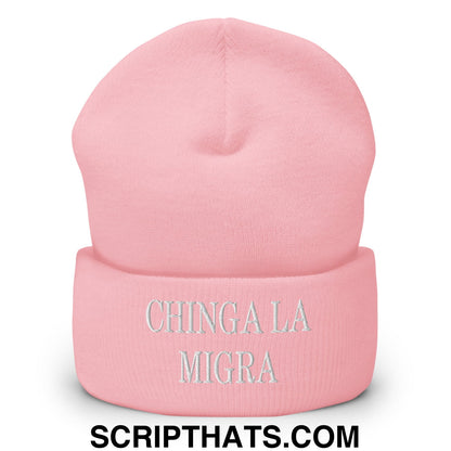 Chinga La Migra Embroidered Knit Cuffed Beanie Baby Pink
