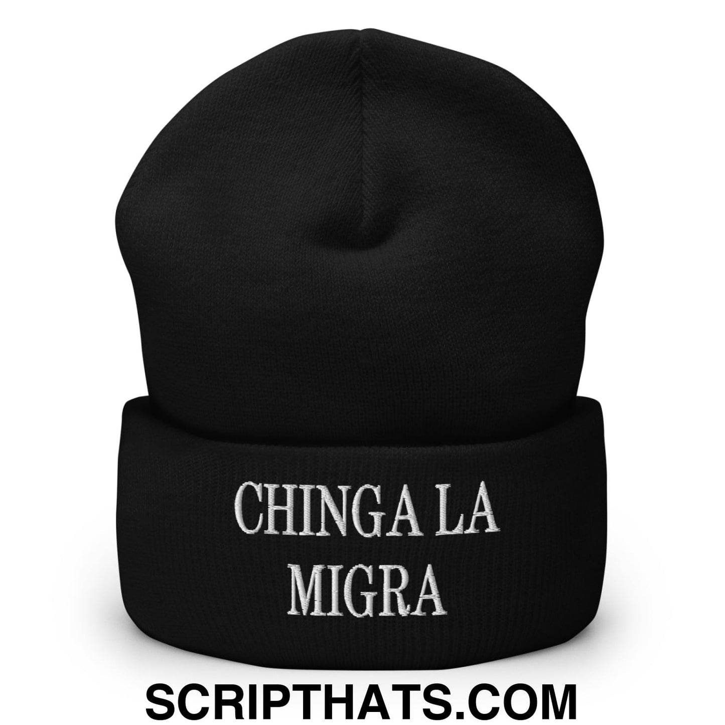 Chinga La Migra Embroidered Knit Cuffed Beanie Black
