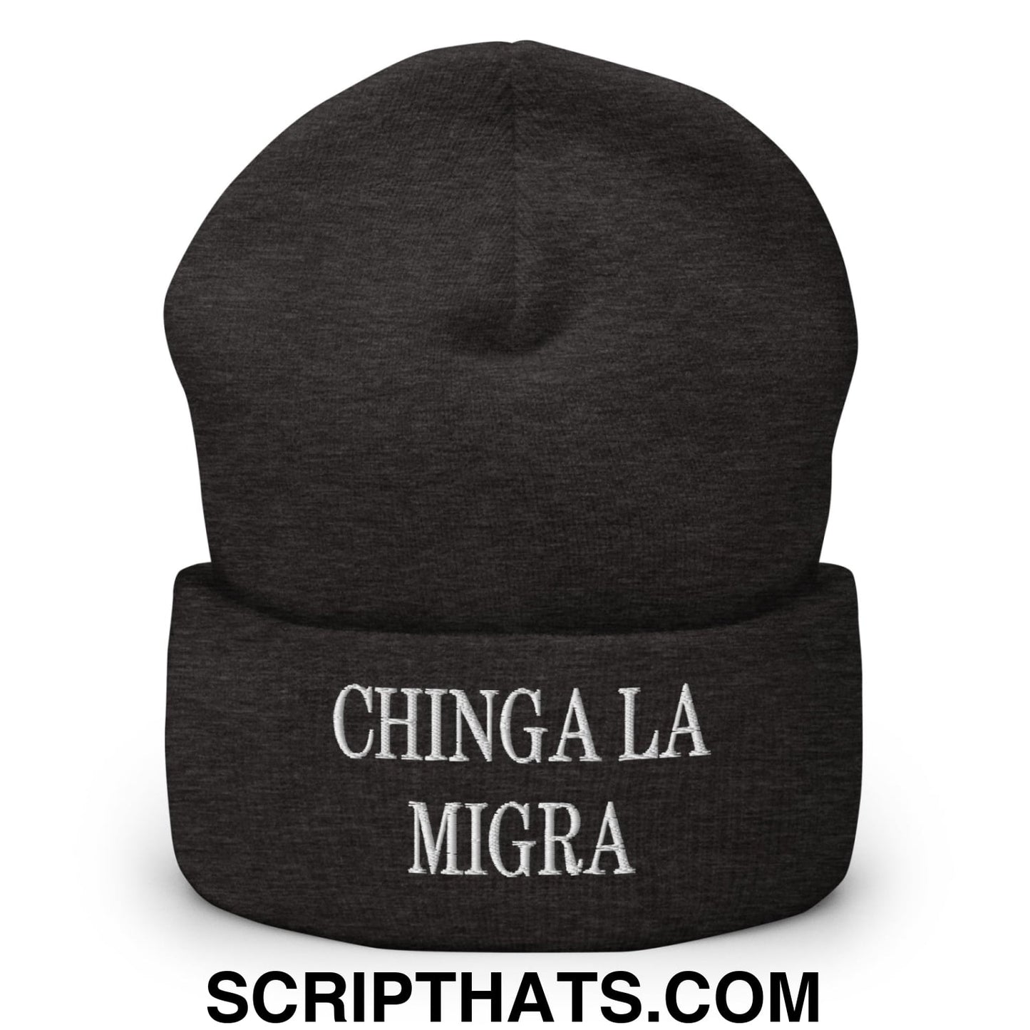 Chinga La Migra Embroidered Knit Cuffed Beanie Dark Grey