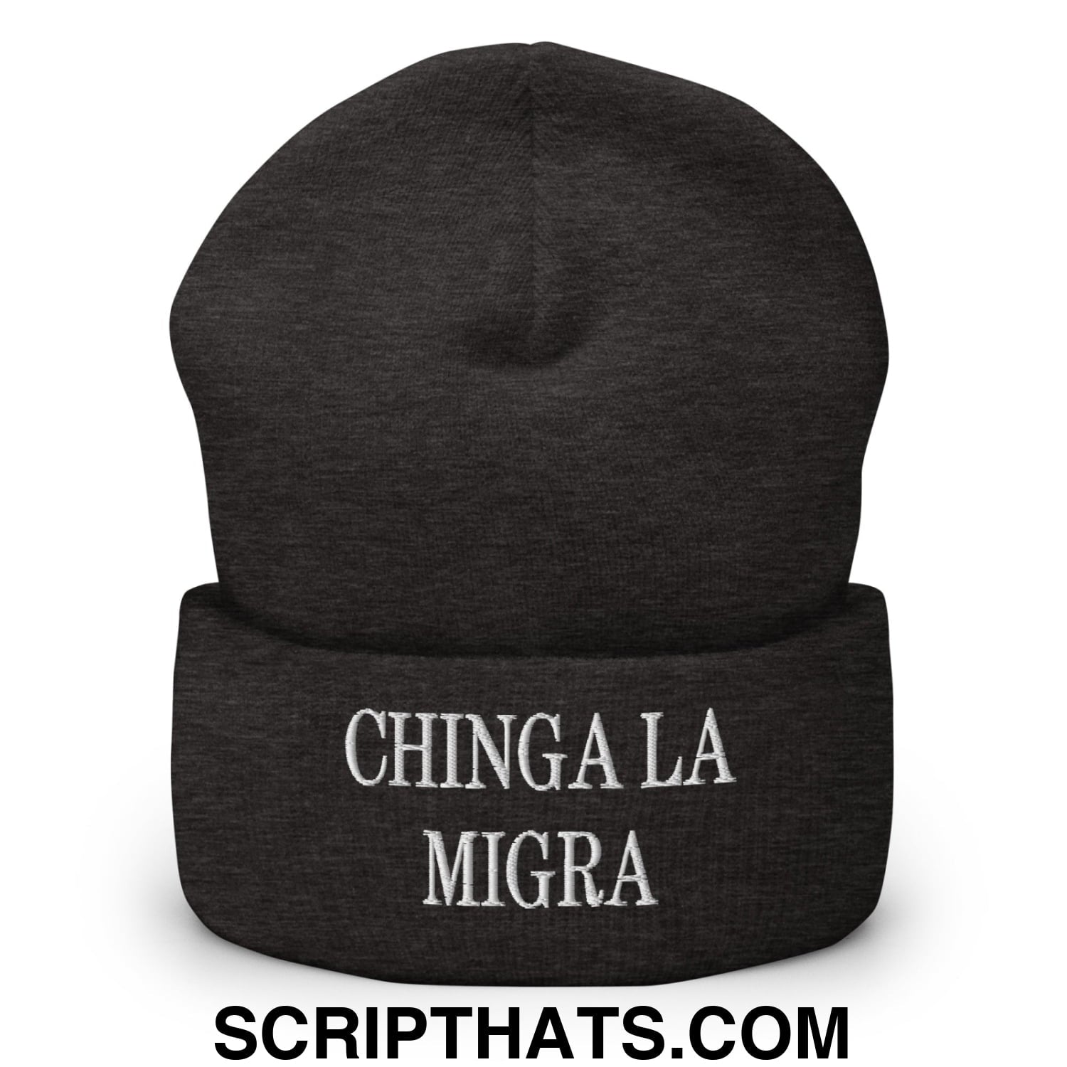 Chinga La Migra Embroidered Knit Cuffed Beanie Dark Grey