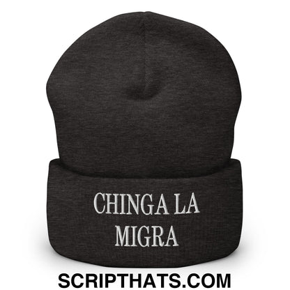 Chinga La Migra Embroidered Knit Cuffed Beanie Dark Grey