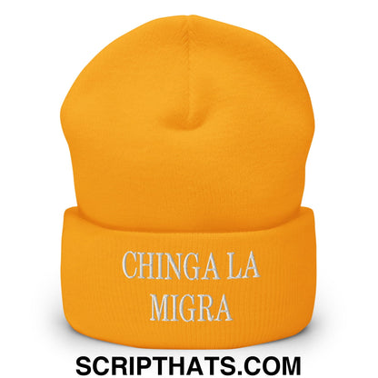 Chinga La Migra Embroidered Knit Cuffed Beanie Gold