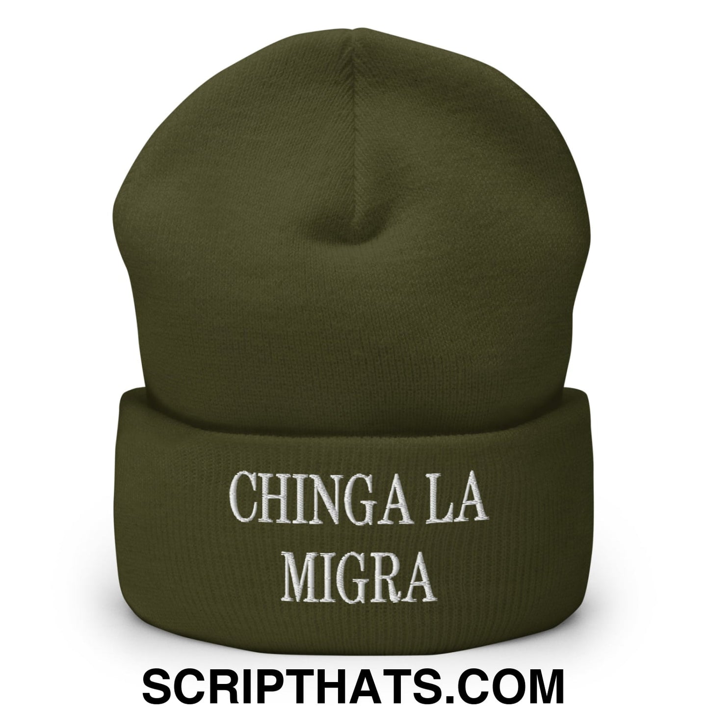 Chinga La Migra Embroidered Knit Cuffed Beanie Olive