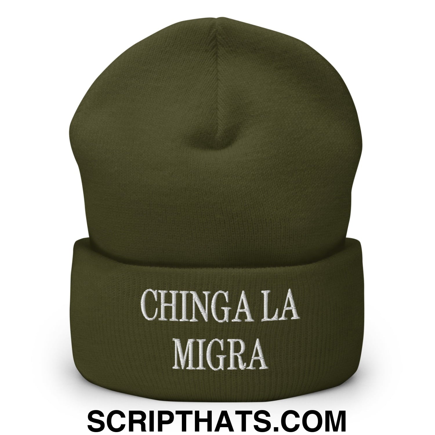 Chinga La Migra Embroidered Knit Cuffed Beanie Olive