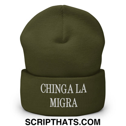 Chinga La Migra Embroidered Knit Cuffed Beanie Olive