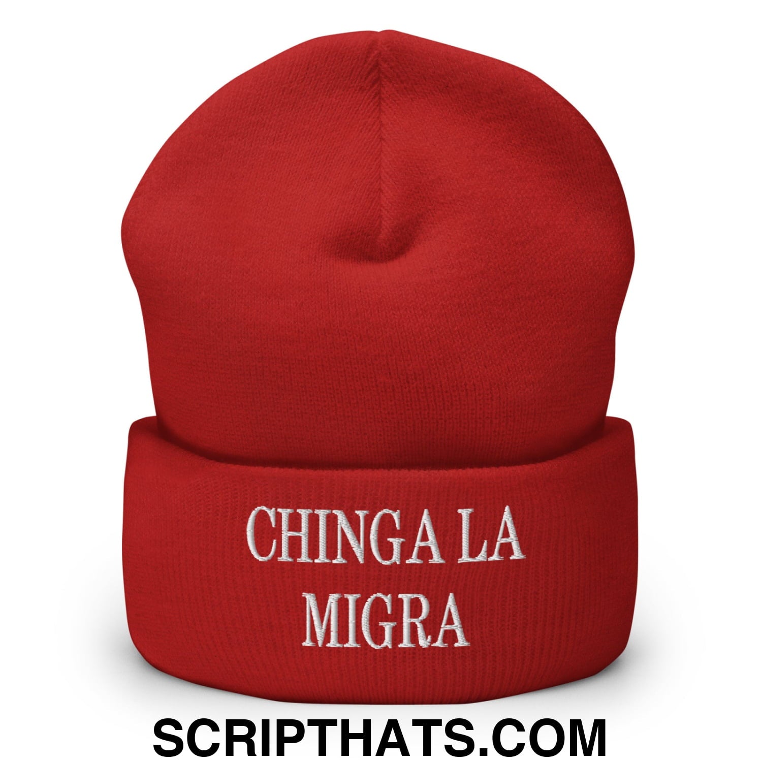 Chinga La Migra Embroidered Knit Cuffed Beanie Red