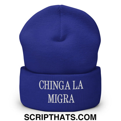 Chinga La Migra Embroidered Knit Cuffed Beanie Royal