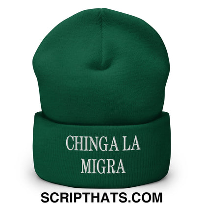 Chinga La Migra Embroidered Knit Cuffed Beanie Spruce
