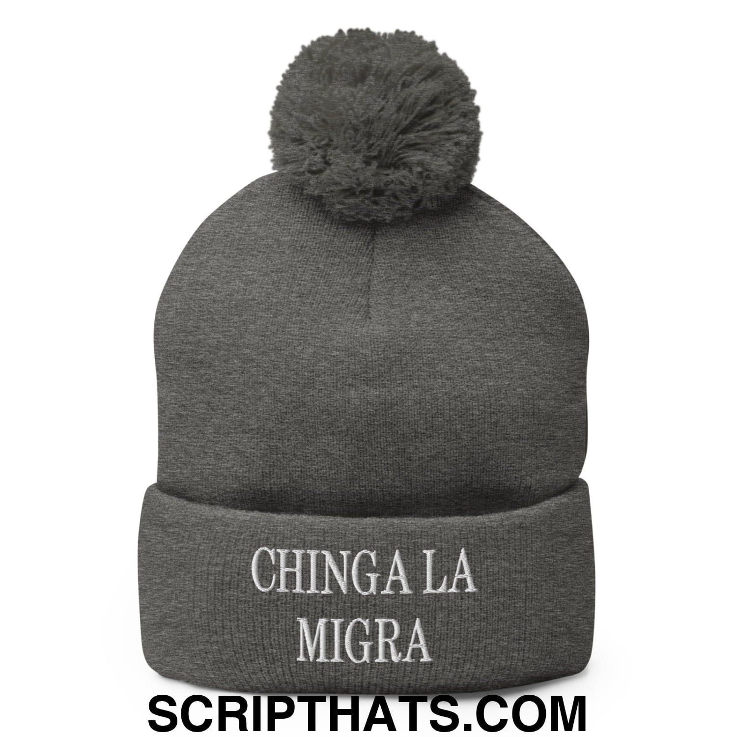 Chinga La Migra Embroidered Knit Pom Pom Beanie Dark Heather Grey
