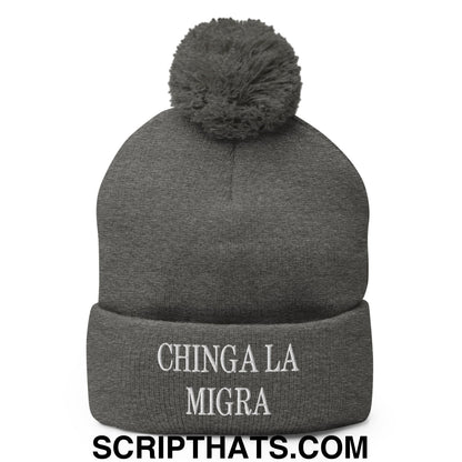 Chinga La Migra Embroidered Knit Pom Pom Beanie Dark Heather Grey