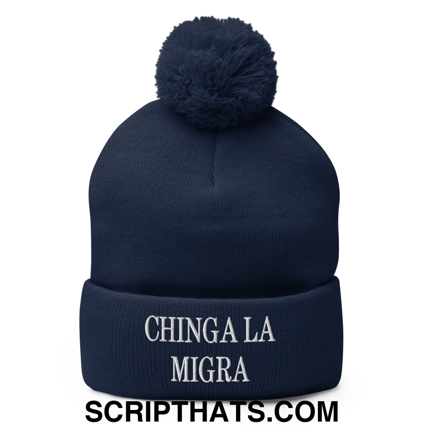 Chinga La Migra Embroidered Knit Pom Pom Beanie Navy