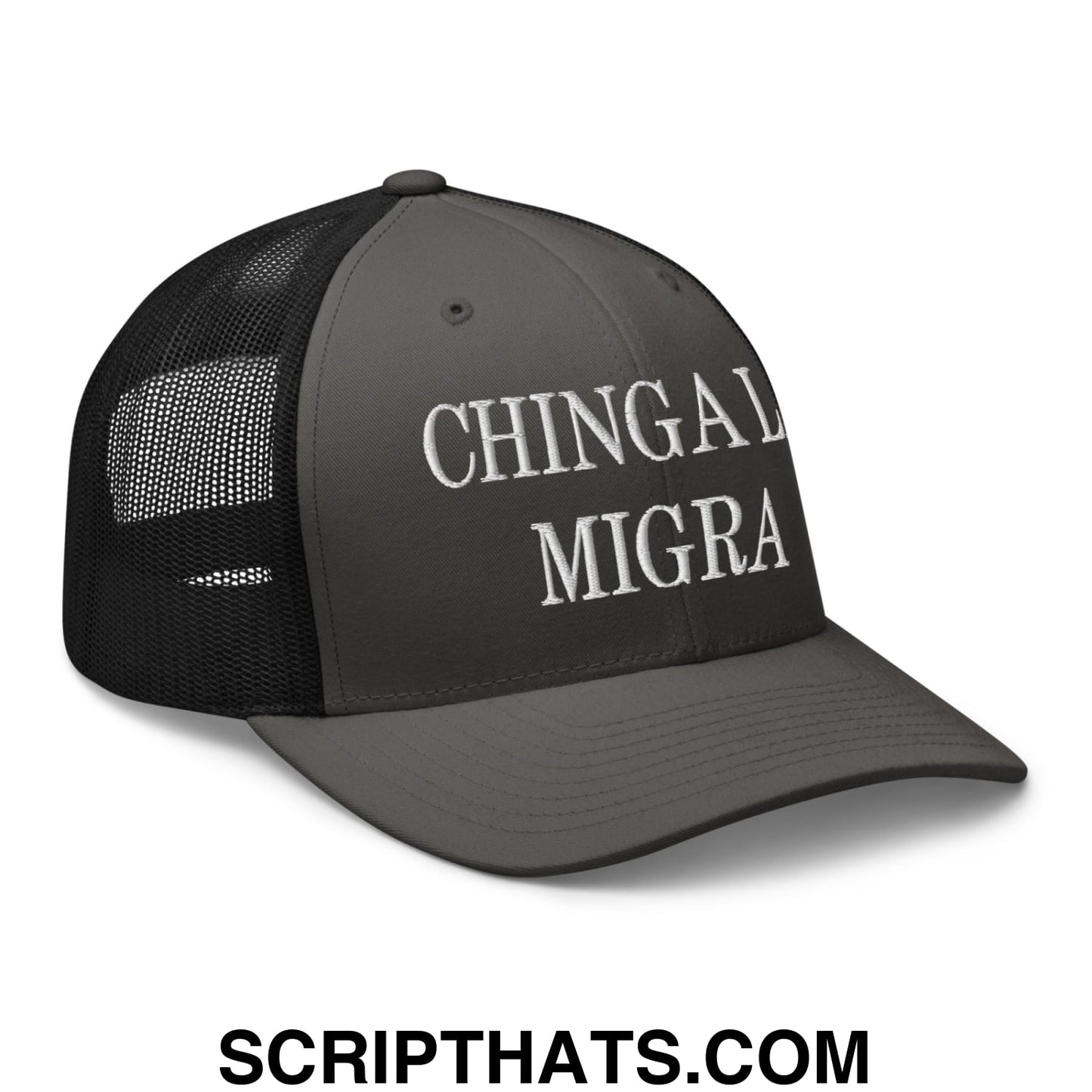 Chinga La Migra Embroidered Mesh Trucker Hat Charcoal Black