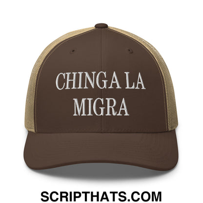 Chinga La Migra Embroidered Mesh Trucker Hat Brown Khaki