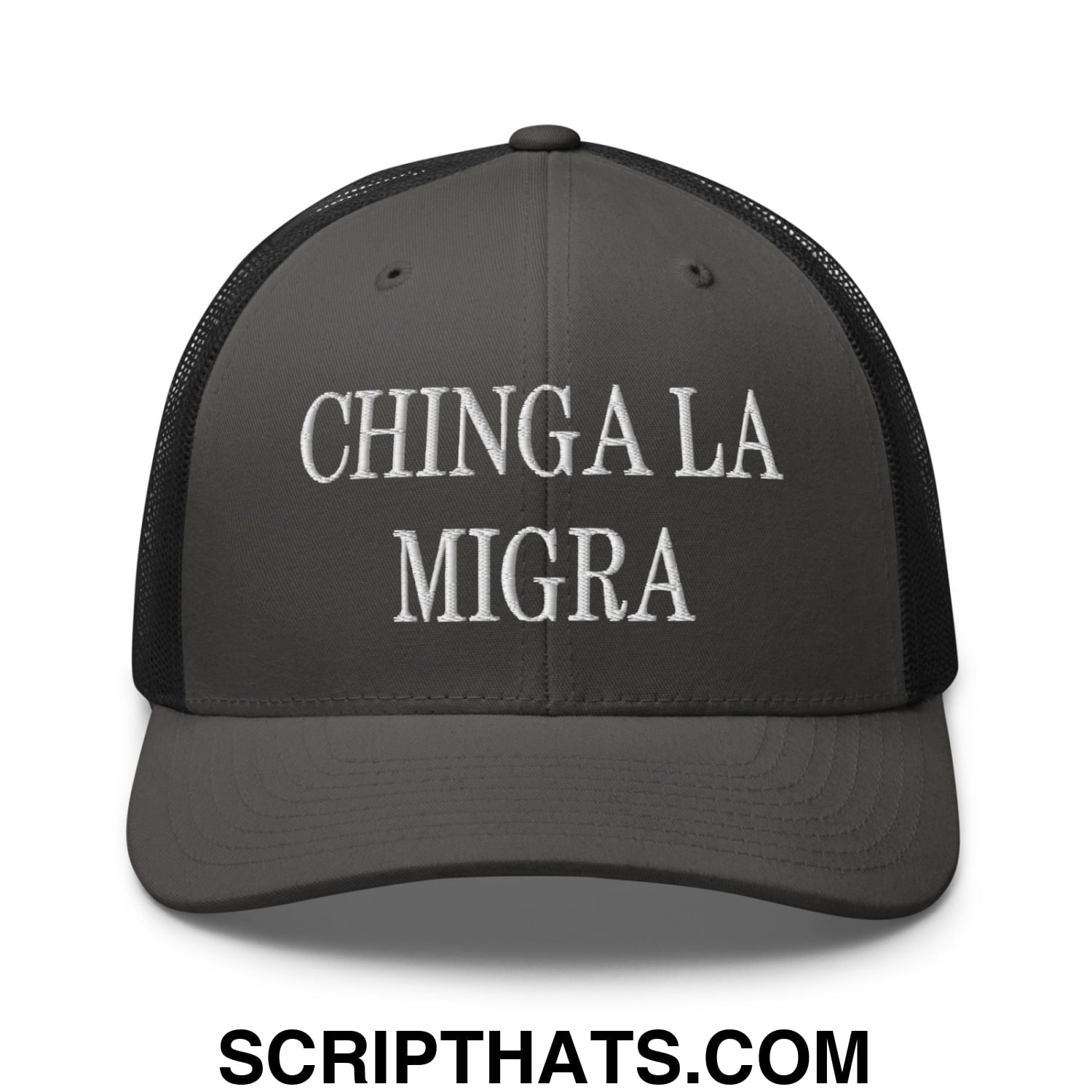 Chinga La Migra Embroidered Mesh Trucker Hat Charcoal Black