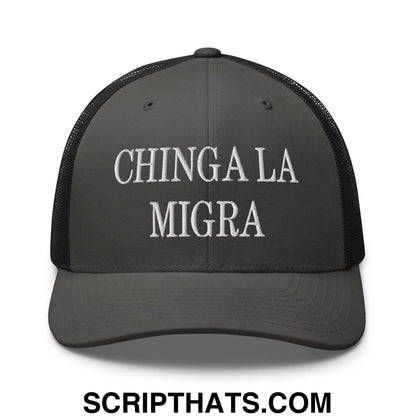 Chinga La Migra Embroidered Mesh Trucker Hat Charcoal Black